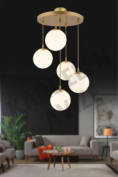 Висяща тавичка с 5 бели лампи и стъклени топчета, насочени надолу