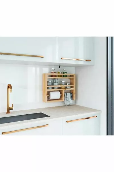Spice Rack and Glass Holder Multipurpose Kitchen Shelf Wooden-Natural