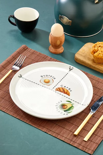 Balanced Nutrition Plate, diet plate, portion plate, healthy meal serving presentation balance motivation