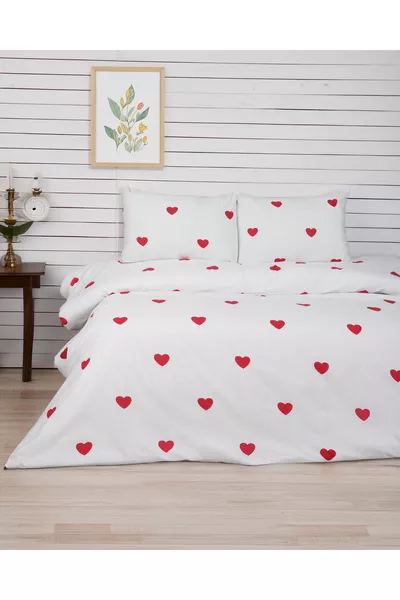 Dubbelzijdig Te Gebruiken Tweepersoons Dekbedovertrek Set met Hartjes, Effen Ecru Laken