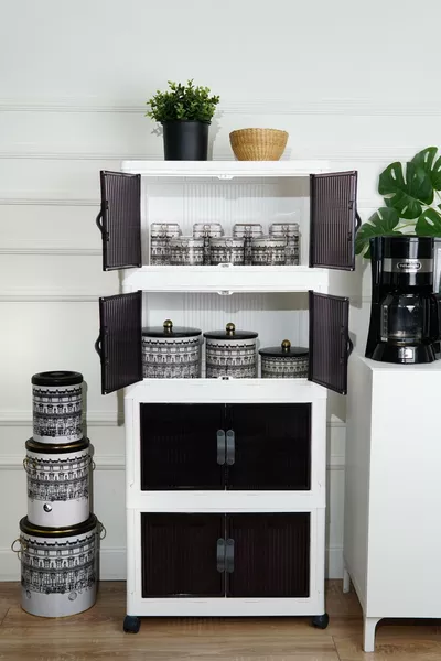 خزانة منظمة بعجلات قابلة للتكديس بأربعة أقسام، بلاستيكية للحمام والمطبخ، لون أبيض