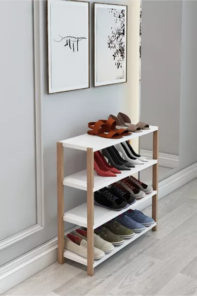 Helsa White 4-Shelf Wooden Shoe Rack - Multi-Purpose Decorative Shelf, Organizer - Flat Pack and Easy to Assemble