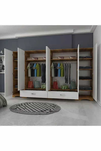Rani  Geniş Gardırop Elbise Dolabı 6 Kapılı 2 Çekmeceli 2 Askılı Tek Modül Minyatür Ceviz - Beyaz