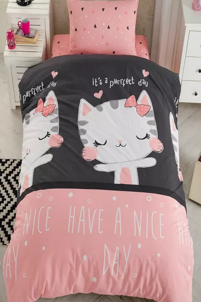 Комплект детско спално бельо с ластик, естествен, здравословен памук, с котки, черно-розов, единичен размер