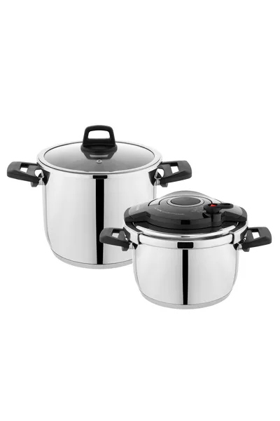 طقم أواني الطهي بالضغط كوكّي ٤+٦.٥ لتر - أسود/رمادي