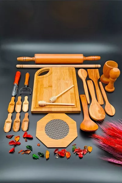 Wooden Kitchen Rolling Pin, Mortar, Rolling Pin, Trivet, Spoon, Ladle, Bamboo Cutting Board Dowry Set