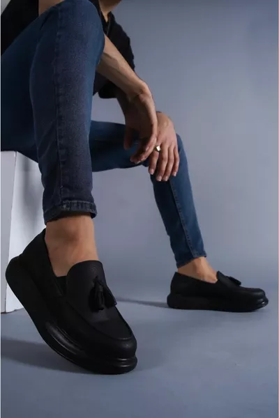  St Laceless العظام عالية / سميكة وحيد شرابة كورسيك أحذية كلاسيكية للرجال أسود