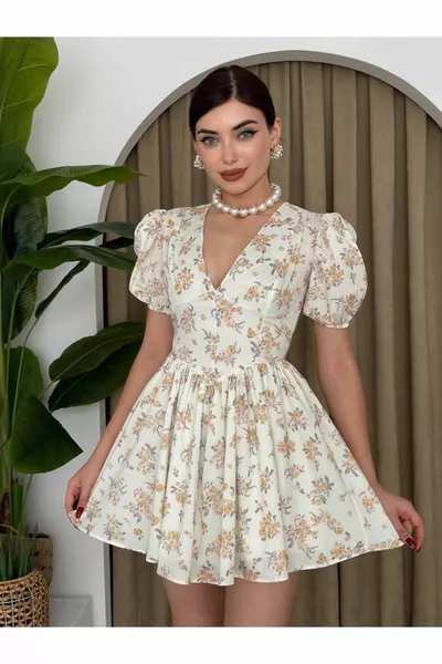 Mini abito da donna con maniche a palloncino floreale