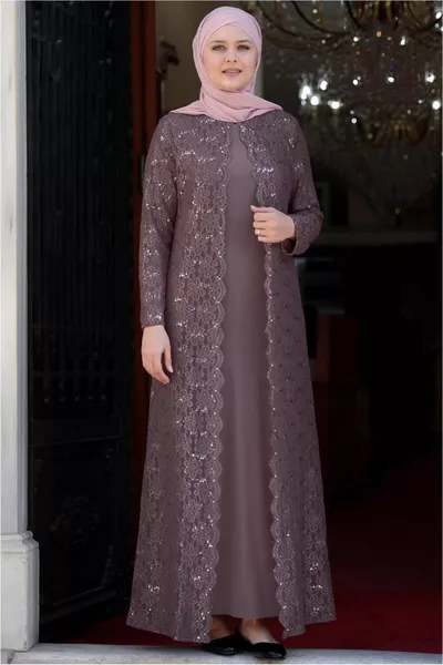 Women's Powder Lace Sequin Detailed Evening Dress 