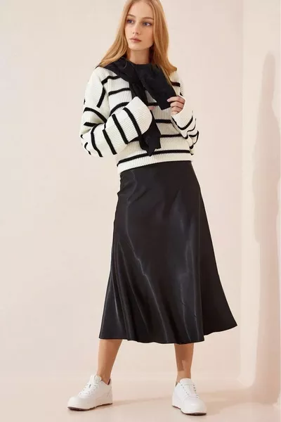 Women's Plain Black Satin Surface Midi Length Skirt with Elasticated Waist 