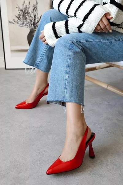 Spark Lakleer Rood Puntige Neus Terug Open Stiletto Avond Hakken Dames Hakken