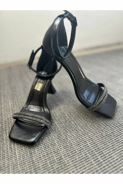 Femmes Noir Couleur Pierre Orthopédique Couture Semelle Deux Sangle Talon Goblet Chaussures Habillées De Soirée