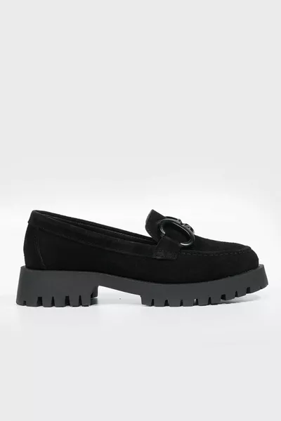 WOMEN'S BLACK SUEDE GENUINE NATURAL LEATHER BUCKLE LOAFER SHOES