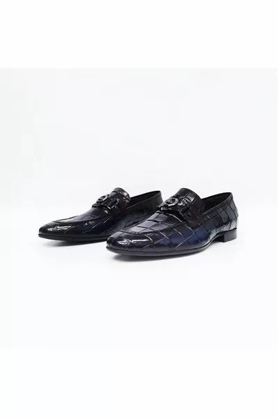 جلد طبيعي كروكو مطبوع للرجال الأزرق الداكن أحذية كلاسيكية 