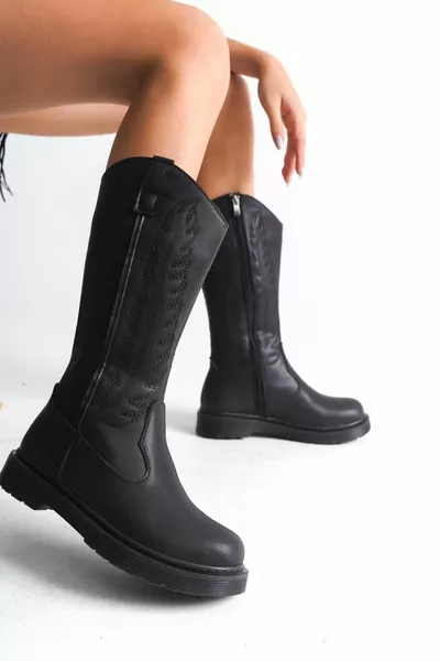 Черна кожена кожа Черен бродиран цип Западни каубойски женски ботуши