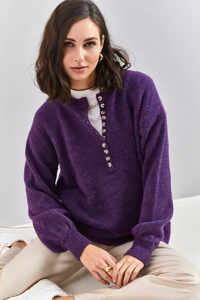 Женский вырез на пуговице водолазка полосатый трикотажный свитер