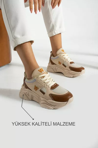 Beige Damen-Sneakers mit hoher Sohle