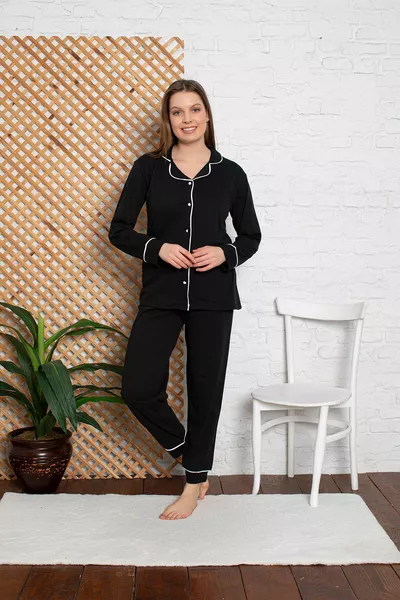 Dames Zwarte Front Button Lange Mouw Gekamde Gebreide Stof Seizoensgebonden Pyjama Set