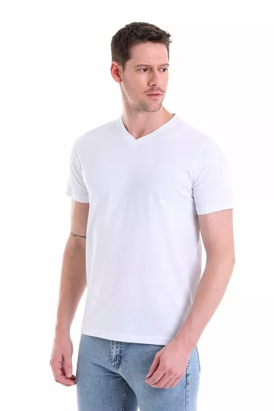 White Plain Regular Fit % Cotton V-Neck T-Shirt