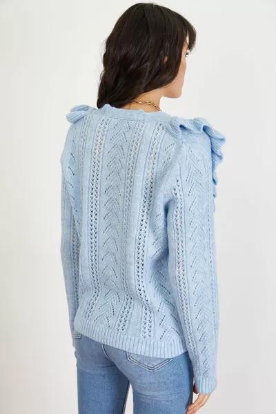 المرأة الأزرق المخرمة تكدرت لينة زر كارديجان 