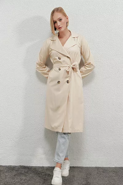 Women's Cream Double-breasted Collar Unlined Seasonal Casual Trench Coat With Belt 