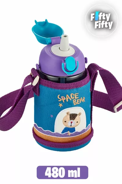 Borraccia d'acqua per bambini in Tritan da  ml con manicotto e 2 coperchi separati con / senza cannuccia