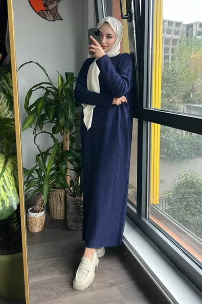 Ravza Roving Detailed Long Knit Hijab Dress