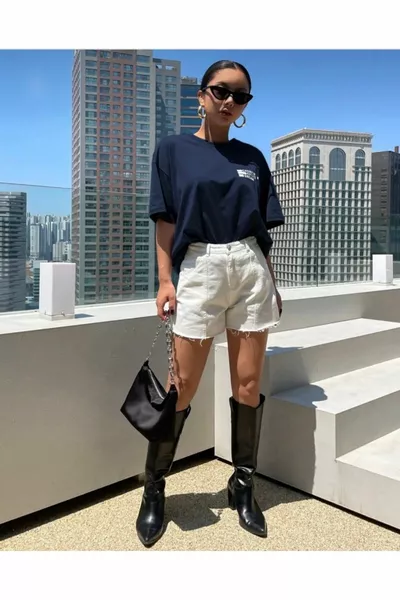 Navy Blue Cherry Time Effect BACK Printed Oversize Tshirt