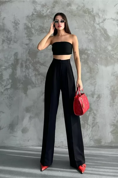 Noir Nouvelle Saison Plissé Printemps Double Tissu Palazzo Pantalon  cm