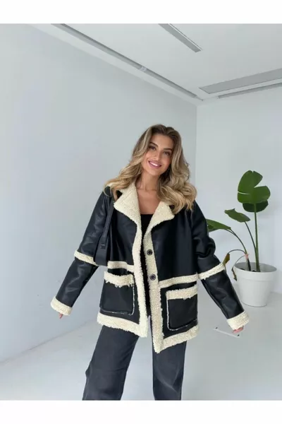 Manteau en cuir avec fourrure blanche à l’intérieur avec de grandes poches