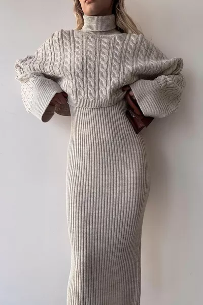 Ensemble de robe courte et de robe en tricot à motif de col pierre pour femme 
