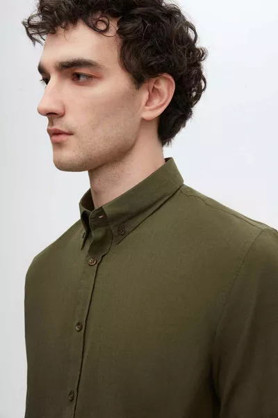Slim Fit Kaki Knoopkraag % Katoen Zomer Gevlamd Linnen Look Shirt