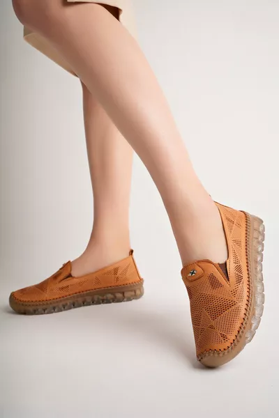 Дамски балетки от естествена кожа Тан 