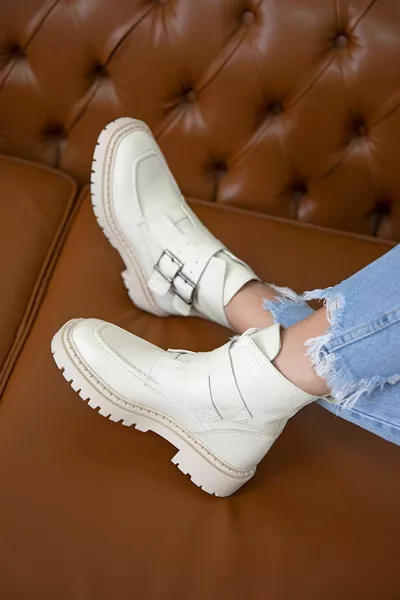 Soft Women's Buckle Detail Genuine Leather Postal Boots Beige