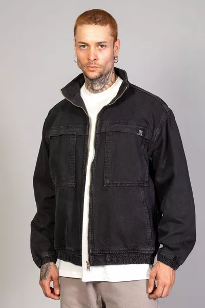 Oversize Black Washed Model Herren Bomber-Jeansjacke mit Reißverschluss
