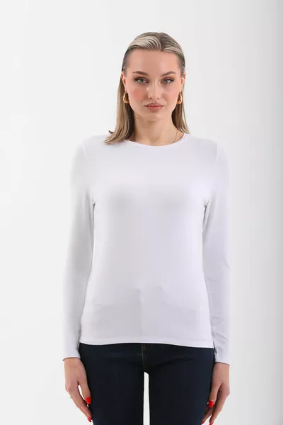 نسائي رقبة دائرية فيسكوز ليكرا كم طويل تي شيرت أبيض