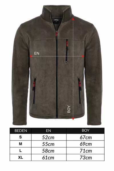 Unisex Khaki Bato Collar Full Zipper 3 Pocket Outdoor Fleece Jacket