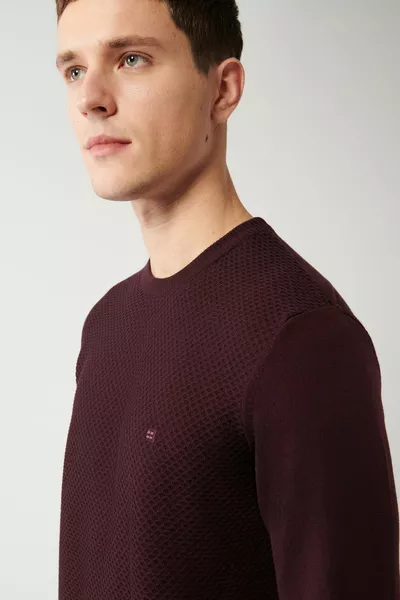 Erkek Bordo Triko Kazak Bisiklet Yaka Önü Dokulu Pamuklu Regular Fit 