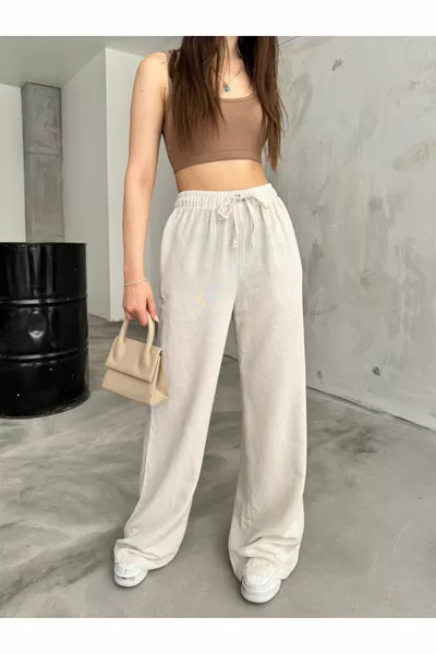 المرأة الكتان عالية الخصر واسعة قطع الجيب السراويل الصيفية مع ربطة عنق مرنة في الخصر