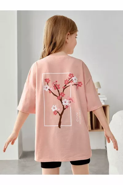 عودة شجرة زهرة مطبوعة كبيرة الحجم سمك السلمون الاطفال تي شيرت