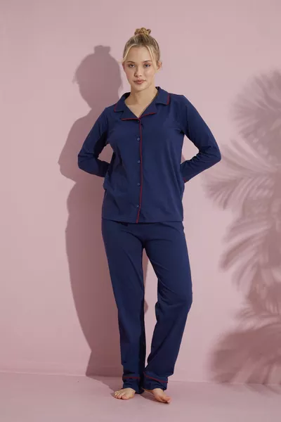 نسائي نيلي كم طويل قطن بأزرار مجموعة بيجامة ويلت