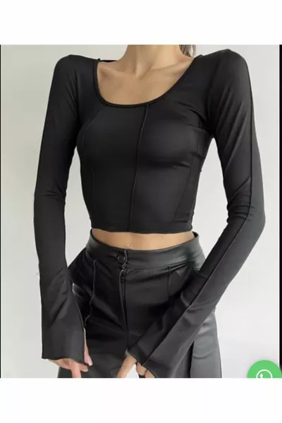 ياقة نسائية طويلة الأكمام مربعة منفوخة من الخلف بلوزة قصيرة بقصة منخفضة 