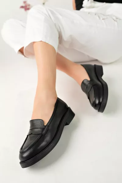 Genuine Leather Black Women's Shoes Lofer