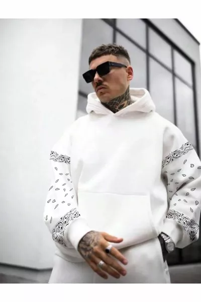 الرجال الأبيض الأكمام منقوشة كبيرة الحجم مقنعين من النوع الثقيل