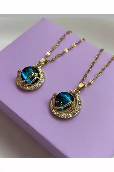 Collier en acier inoxydable l en or Zircon Croissant bleu de la Terre Planète spatiale avec pierre de zircon