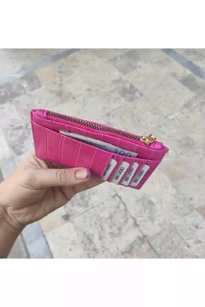 فوشيا المرأة كروكو منقوشة حامل بطاقة المحفظة
