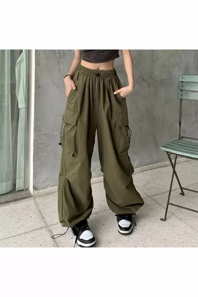 الأخضر التكتيكية المظلة النسيج السراويل للجنسين كبيرة الحجم مع جيوب البضائع