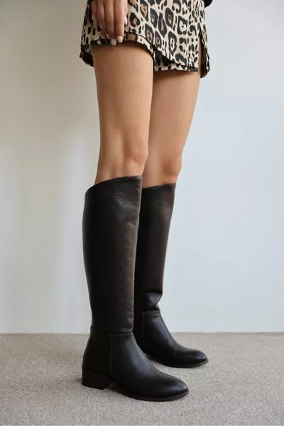 Talisman Echt Lederen Korte Hak Rits Gedetailleerde Lange Dames Laarzen - BRUIN