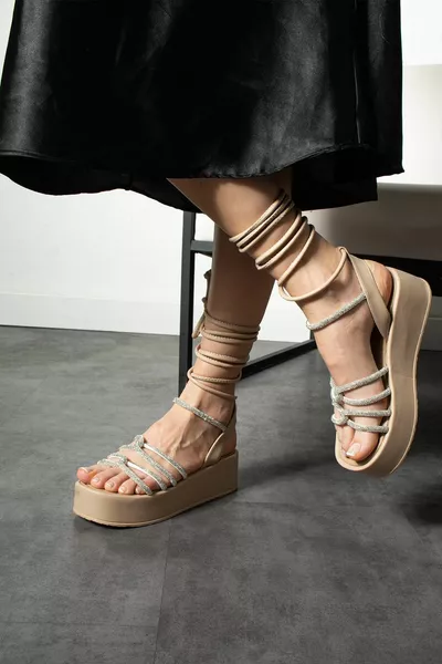 Lewke Women's Sandals Ankle Wrap Beige Leather with Stone Strap