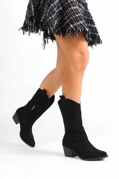 Lori Damen Schwarze Veloursleder-Cowboystiefel mit bestickten Westernstiefeln mit Reißverschluss